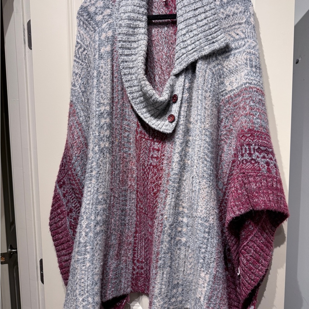 Free People Knit Cowl Neck Poncho - Gray and Pink